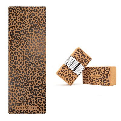Cork Set Leopard (korkmatta + 2 yogablock)