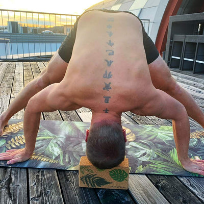 cork yoga block leaves yoga hero in use