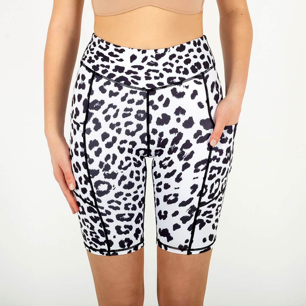 Biker shorts white leopard front side Yoga Hero