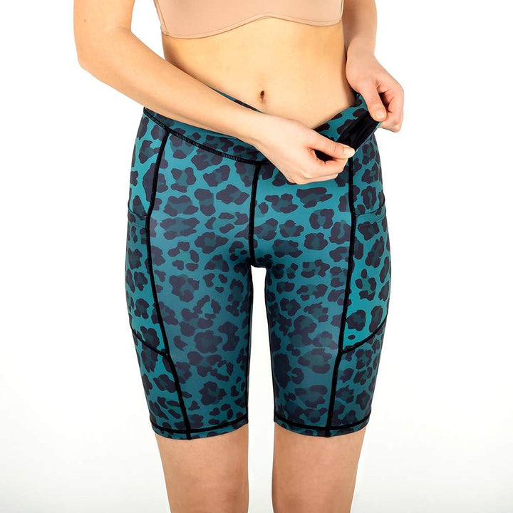 Biker shorts green leopard waist pocket Yoga Hero