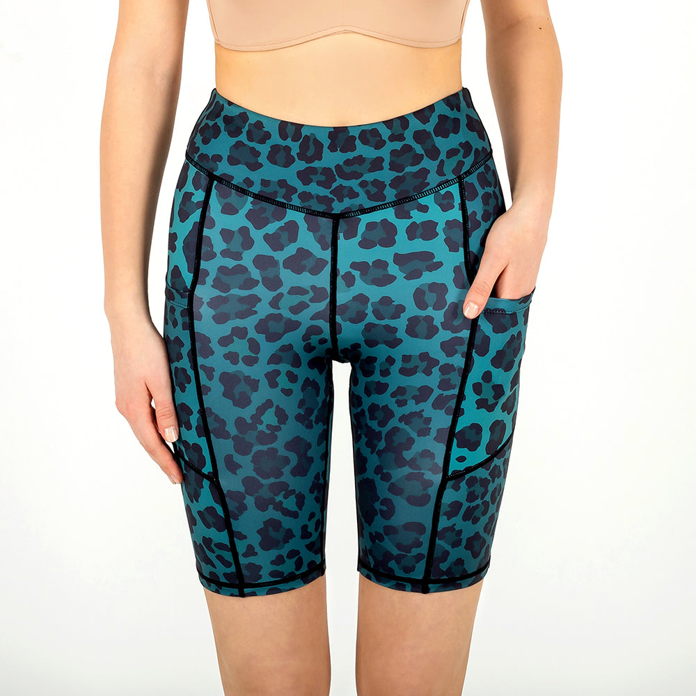 Green Leopard Biker Shorts with pockets